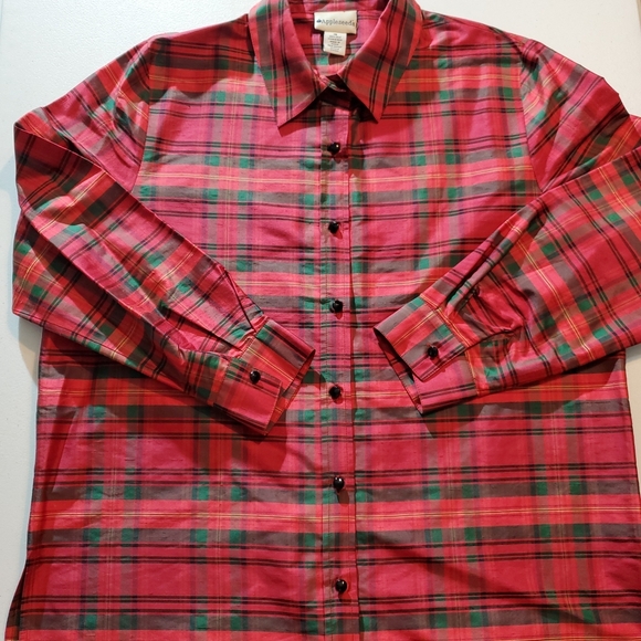 Appleseed's Tops - Appleseeds 100% Silk Size 16 Womens Button Up Red and Green Plaid Shirt